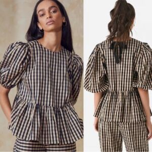 Hunter Bell Lenny Gingham Puff Sleeve Peplum Top Black Brown Plaid with Bow